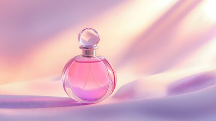 Poster - A perfume bottle with a gradient pink hue, placed on a smooth white surface, with soft lighting enhancing the colors.