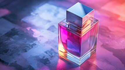 Aufkleber - A perfume bottle with a metallic ombre design, softly glowing under cinematic lighting.