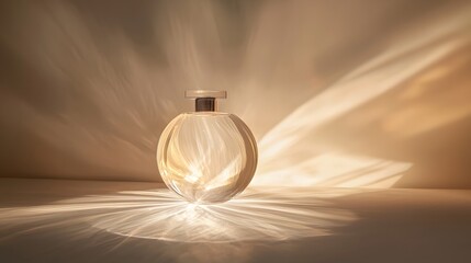 Poster - A minimalist circular perfume bottle with a translucent design, illuminated by soft backlighting.