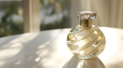 Aufkleber - A transparent perfume bottle with a unique spiral design, placed on a white surface with precise cinematic lighting.