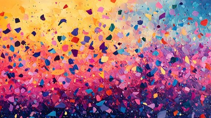 Aufkleber - Brightly colored confetti shapes scattered across a gradient background of sunset tones.