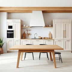 White minimalistic natural wooden kitchen open area space with an empty wooden table top mockup for product placement banner mockup advertising blank business display template