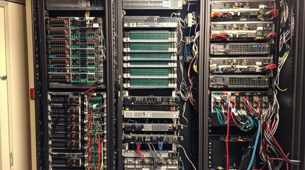 Poster - Data center equipment setup tech facility image collection controlled environment close-up network infrastructure management