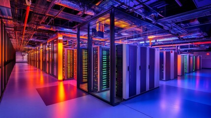 Poster - Data center operations showcase urban environment technology infrastructure colorful lighting professional perspective high-tech efficiency