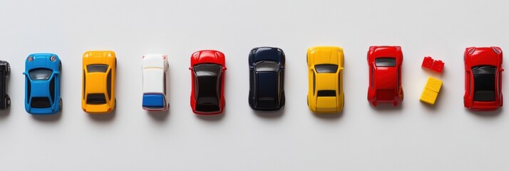 Aufkleber - Flat lay of vibrant children's toys such as toy cars, building blocks, and dolls arranged neatly on a white surface, ideal for creative text. Generative AI