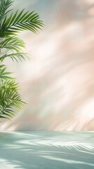 Poster - Empty turquoise table illuminating by natural sunlight with palm leaves shadow