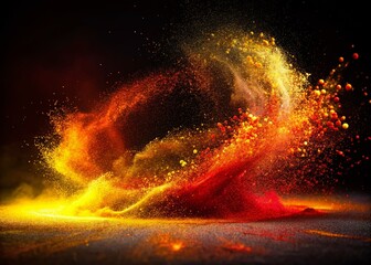 Poster - Captivating Silhouette Photography of Red and Yellow Particles Dancing Against a Dark Background, Creating a Stunning Visual Contrast for Abstract Art Lovers and Enthusiasts