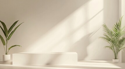 Poster - Sunlight illuminating empty white podium with plants for product presentation