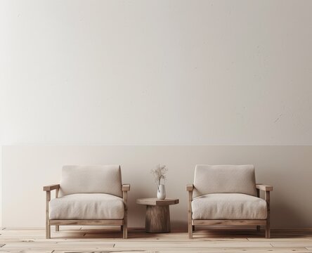 Minimalist living room interior with two beige armchairs. wooden side table and vase with dried flowers. in front of a white wall