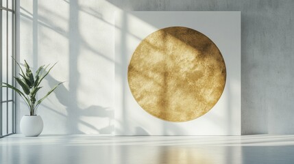 Poster - Modern abstract art piece featuring gold circle in minimalist gallery space with natural light and contemporary design aesthetic