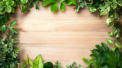 Poster - Green leaves bordering wooden background creating copy space