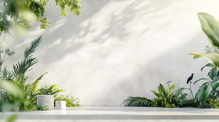 Poster - Empty marble pedestal displaying products surrounded by tropical plants and bird