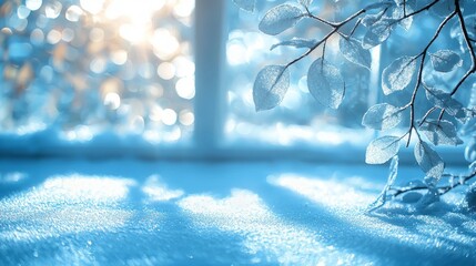 Aufkleber - Soft blue hues blend harmoniously with gentle sunlight filtering through, illuminating intricate leaves adorned with frost, creating a serene atmosphere of calmness and beauty