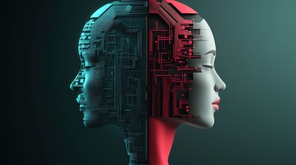 Aufkleber - Abstract Representation of Human and Machine Interaction Showcasing Contrasting Profiles with Digital and Organic Elements in a Futuristic Design