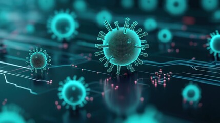 Poster - Futuristic Representation of Virus Particles with Network Connection in Blue and Green Hues for Scientific and Educational Use