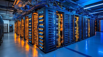 Poster - Data center operations high-tech facility infrastructure management controlled environment close-up view innovation in technology