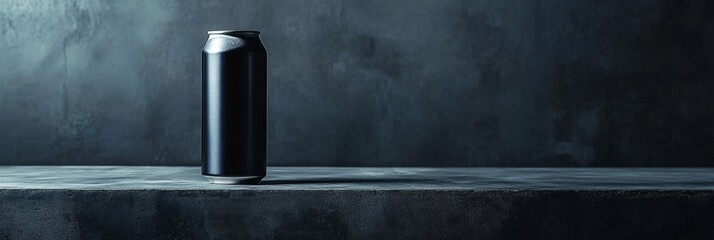 Poster - Black aluminum can mockup on gray concrete with a dark ambiance background and copy space.