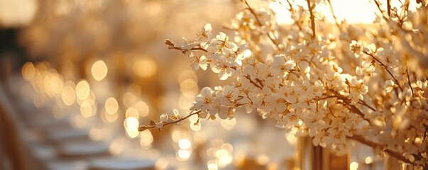 Poster - White flowers decorating wedding reception tables at sunset