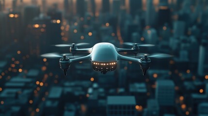 Poster - Aerial View of a Sleek Drone Flying Over a Modern Cityscape at Dusk, Highlighting Advanced Technology and Urban Environment