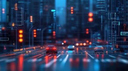 Poster - Futuristic City Intersection at Night with Light Trails and Traffic Signals in Digital Style Reflecting Advanced Urban Life and Technology Integration