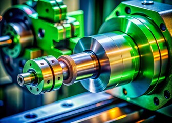 Poster - Captivating Tilt-Shift Photography of CNC Turning Lathe Spindle in Green Color, Showcasing Precision Engineering and Machinery in a Miniature World