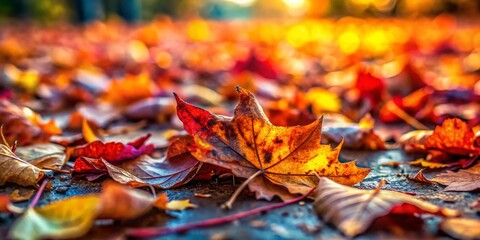 Wall Mural - Captivating Tilt-Shift Photography of Dry Leaves Fallen on the Ground, Showcasing Nature's Beauty in a Miniature World with Autumn Colors and Textures