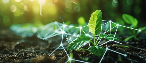 Sticker - An image shows a thriving plant in sunlight with a digital network overlay, connecting to nature and technology, symbolizing growth and interconnectedness.