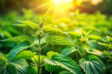 Wall Mural - Captivating Tilt-Shift Photography of Nettle Dancing in the Wind, Showcasing Nature's Beauty in a Miniature World with Soft Focus and Vivid Colors