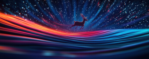 Poster - stunning 4D animated reindeer gracefully soars through vibrant waves of color, creating magical scene