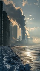 Wall Mural - Winter cityscape with snow-covered foreground, modern skyscrapers, and smoke stacks releasing plumes into cloudy sky. Birds bring life to the frozen scene.