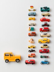 Aufkleber - various children's toys including cars, blocks, and dolls are neatly arranged on a white surface, pr
