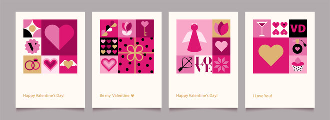 Wall Mural - Valentines Day posters templates. Minimalist geometric backgrounds with vintage elements. Modern pattern with simple flat design elements for greeting card, invitation. Trendy vector illustration.