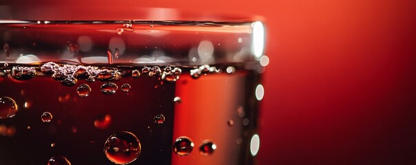 Poster - Glass with sparkling red drink and bubbles on red background