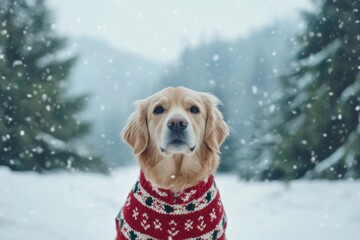 Poster - A cheerful dog wearing a colorful sweater sits in the snow, creating a delightful winter atmosphere surrounded by trees and falling snowflakes. Generative AI