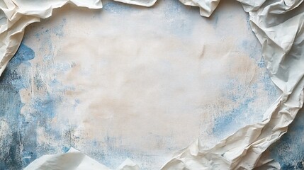 Aufkleber - Crumpled white paper framing pastel blue and beige background creating copy space