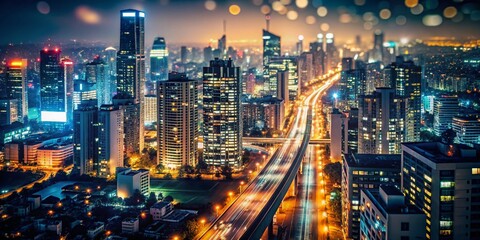 Poster - Captivating Urban Landscape in Low Light with Thin Line Style Cityscape Design, Showcasing Modern Architecture, Streets, and Night Life in a Flat Line Illustration Format