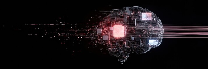 Poster - A digital brain merges seamlessly with AI circuits, chips, and holographic elements, illustrating the future of technology and intelligence. Generative AI