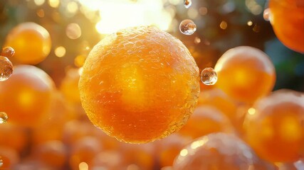 Poster - Macro view of orange spheres submerged in sparkling water, surrounded by bubbles and glowing light reflections
