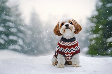 Poster - A small dog sits proudly in a cozy sweater among fresh snowflakes in a serene winter setting with trees in the background. Generative AI