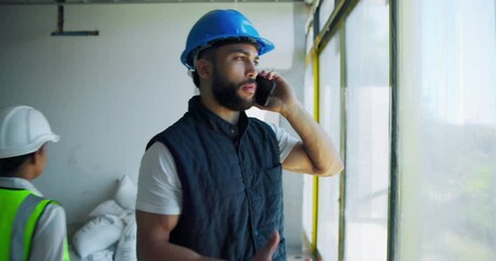 Poster - Man, civil engineering and talk with phone call for construction, architecture chat and building progress. Male person, mobile and discussion with contact, maintenance update and infrastructure deal