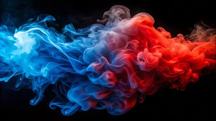 Poster - Captivating Visuals of Blue and Red Smoke Swirling Against a Dark Background, Ideal for Abstract Art and Creative Projects