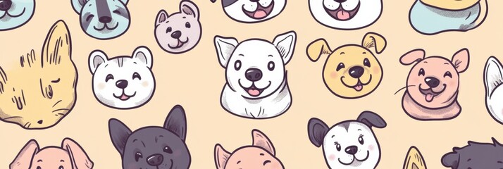 Poster - Cute doodle-style illustration features a variety of playful dog faces with ample copy space for adding personalized text. Generative AI