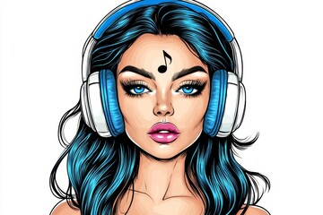 Poster - A clean icon of a female DJ headphones with a music note in the center, drawn with bold, simple lines against a neutral background