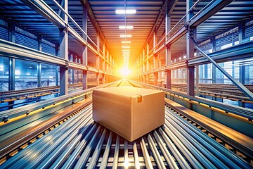 Poster - Cardboard Box on Conveyor Belt in a Large Warehouse: Streamlined Logistics and Efficient Supply Chain Operations in a Busy Industrial Environment