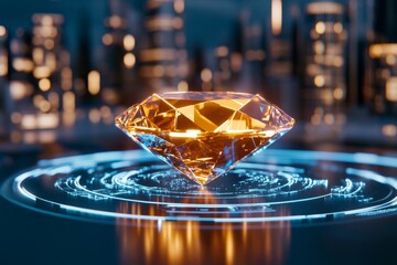 Poster - A cyberpunk-themed depiction of a diamond embedded in a futuristic gadget, glowing neon blue and surrounded by holographic interfaces