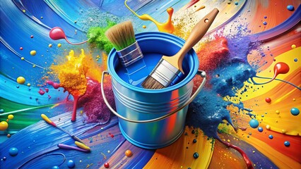 Poster - Cartoon Bucket of Blue Paint with Two Brushes in a Vibrant Artistic Setting, Perfect for Illustrations and Creative Projects Featuring Colorful Art Supplies