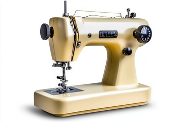 Poster - A detailed view of a modern sewing machine, featuring adjustable settings and a sleek design, isolated on a white background for a minimalist presentation