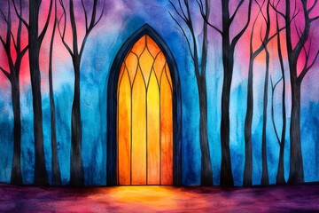 Poster - A dreamy watercolor depiction of a glowing magical door in a forest, with light spilling through and blending into the vibrant colors