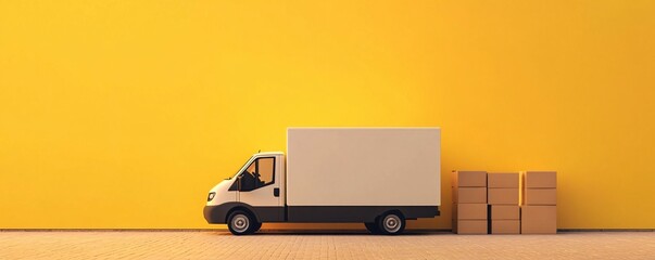 Poster - Delivery van parking near stacked cardboard boxes on yellow background