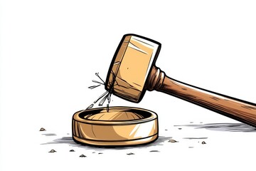 Poster - A flat 2D illustration of a wedding ring being broken by a hammer, drawn in bold lines and vibrant tones on a white background